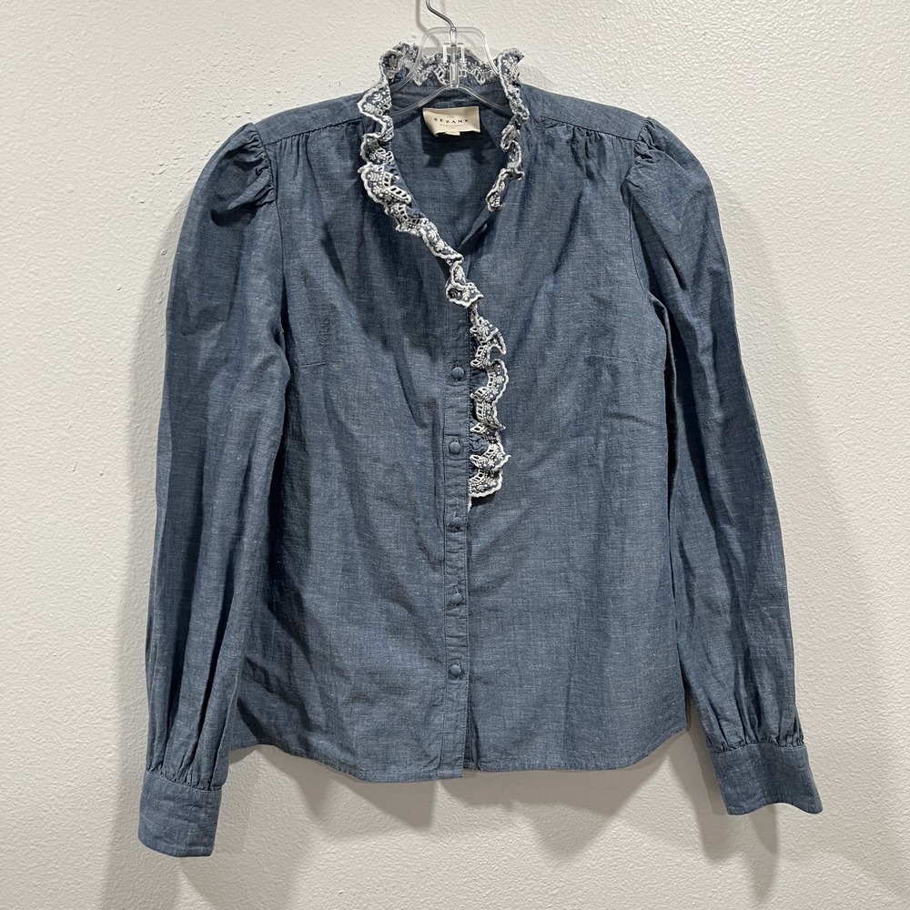 Sézane Chlo Blue Chambray Denim Lace Eyelet Embroidered Shirt Size EU 34